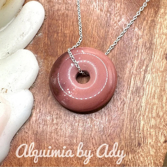 Rhodonite maxi donut circle 925 silver statement chunky necklace Shabby chic - Picture 1 of 2